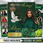 08 Pages Green Funeral Program Template, Bi-Fold Funeral Program, Obituary Celebration Of Life Program, Digital Download - Editable Memorial Canva Template