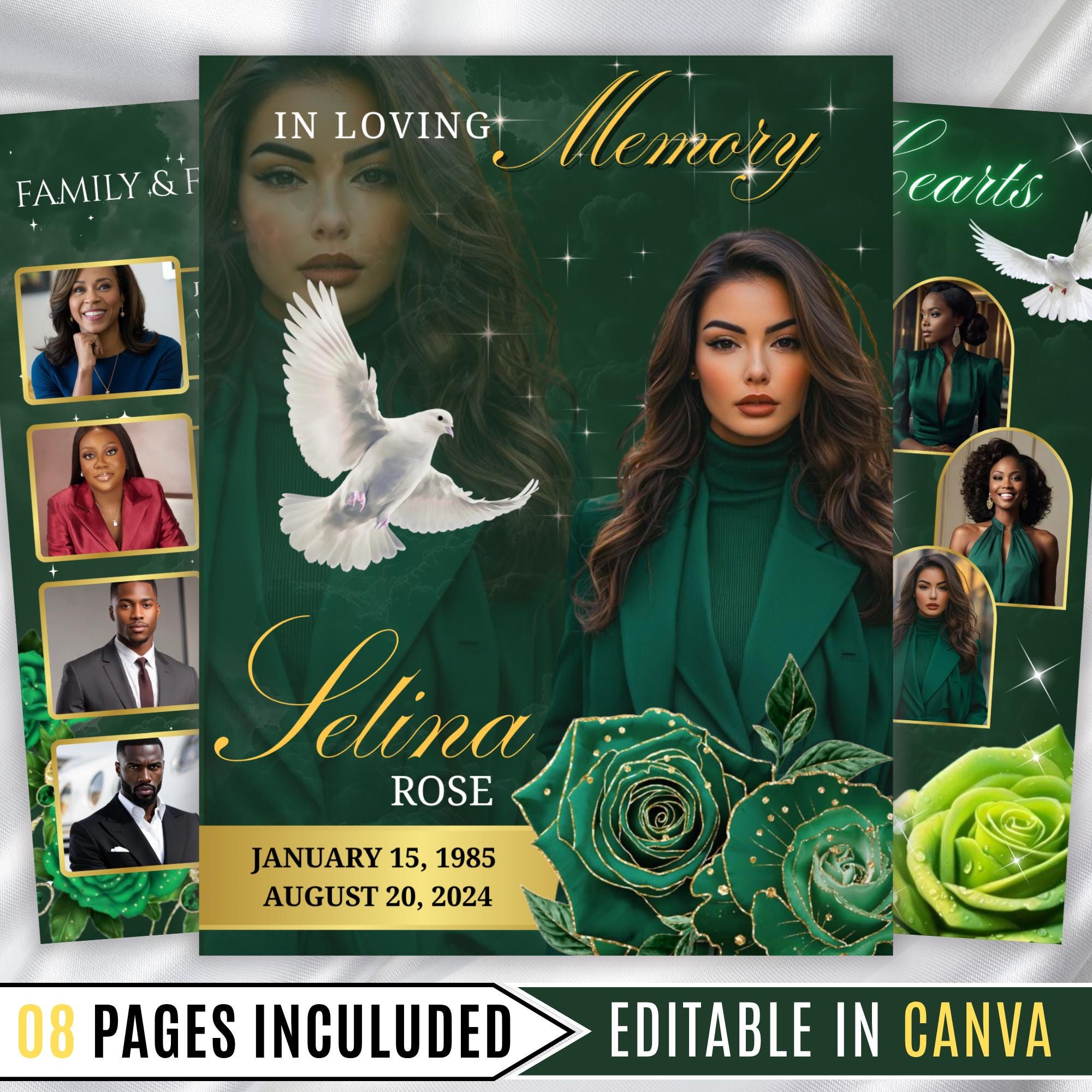 08 Pages Green Funeral Program Template, Bi-Fold Funeral Program, Obituary Celebration Of Life Program, Digital Download - Editable Memorial Canva Template