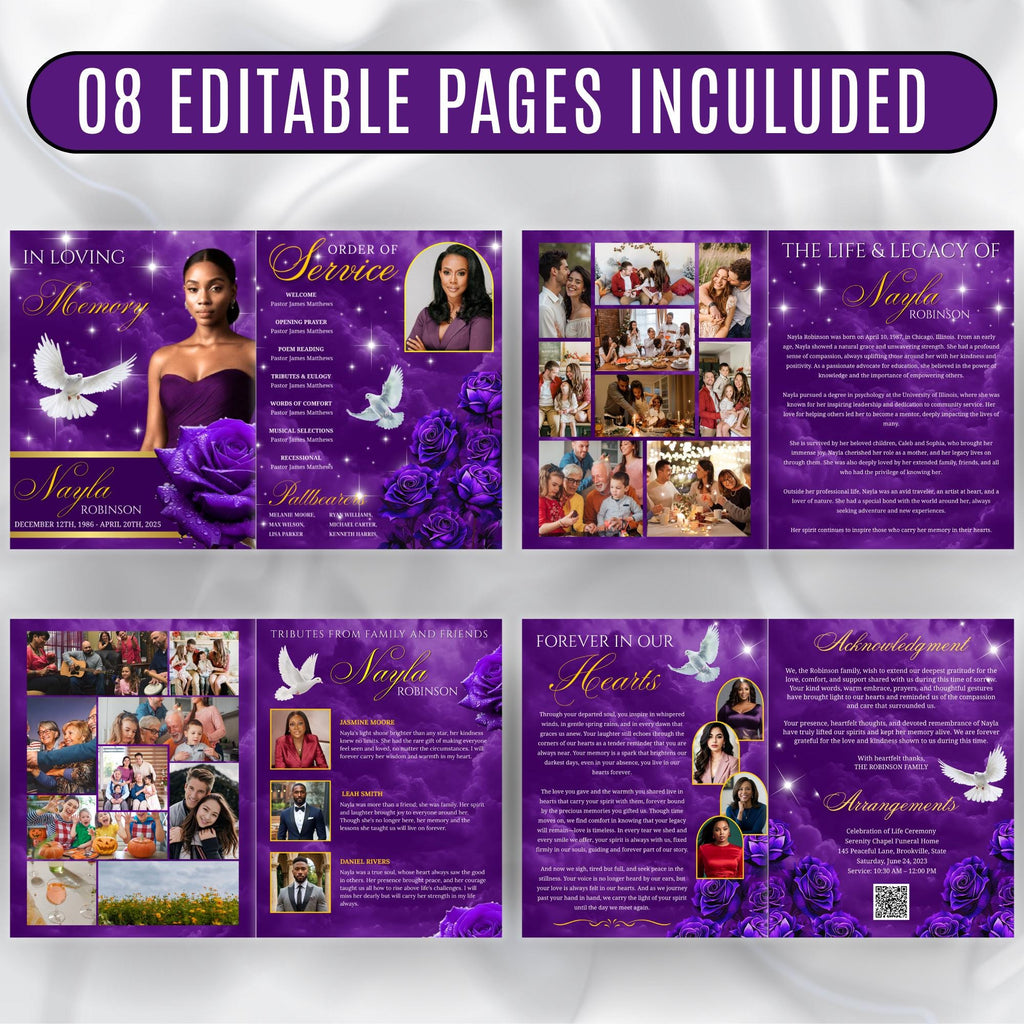 08 Pages Purple Funeral Program Template, Bi-Fold Funeral Program, Obituary Celebration Of Life Program, Digital Download - Editable Memorial Canva Template