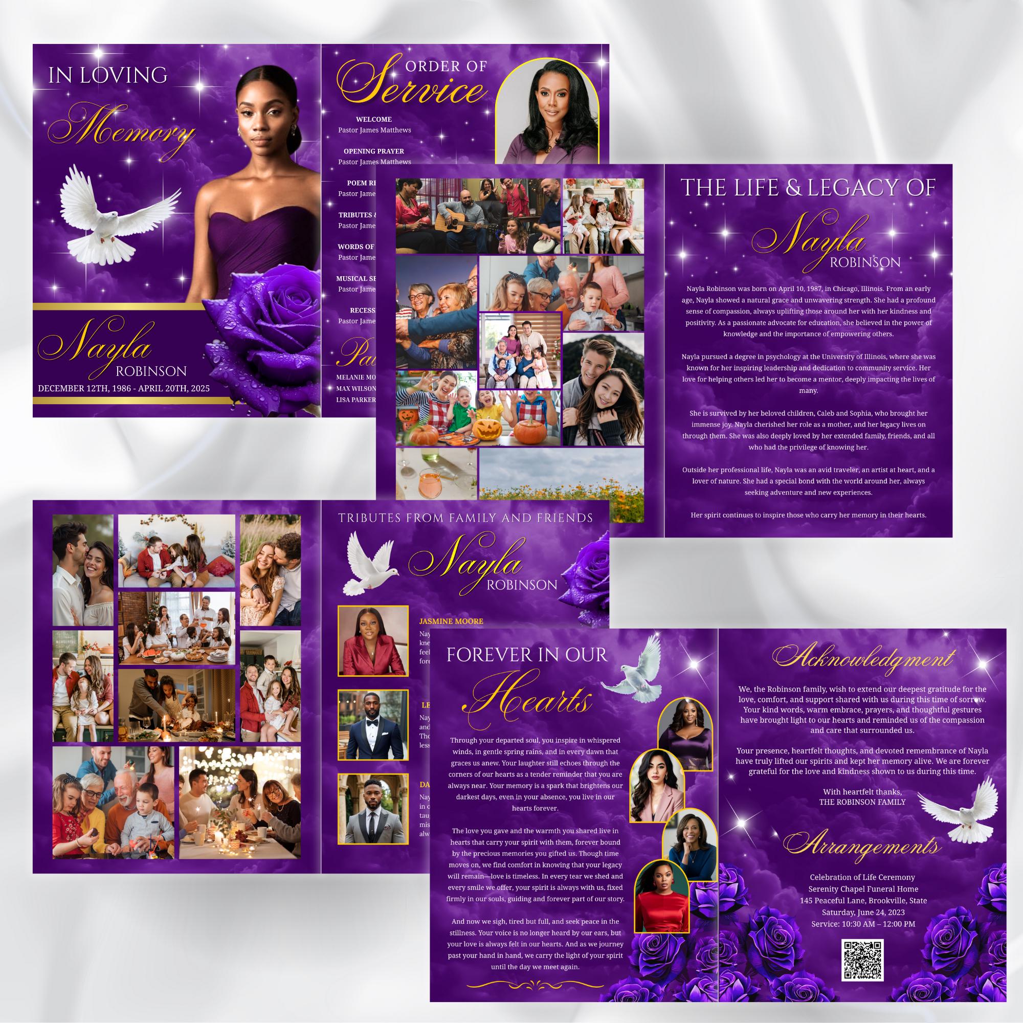 08 Pages Purple Funeral Program Template, Bi-Fold Funeral Program, Obituary Celebration Of Life Program, Digital Download - Editable Memorial Canva Template