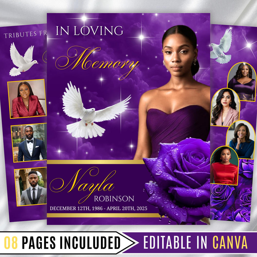08 Pages Purple Funeral Program Template, Bi-Fold Funeral Program, Obituary Celebration Of Life Program, Digital Download - Editable Memorial Canva Template