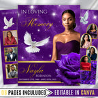 08 Pages Purple Funeral Program Template, Bi-Fold Funeral Program, Obituary Celebration Of Life Program, Digital Download - Editable Memorial Canva Template