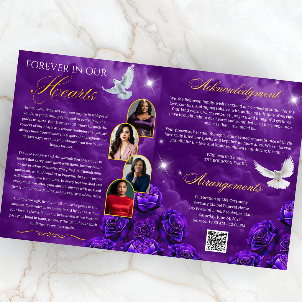 08 Pages Purple Funeral Program Template, Bi-Fold Funeral Program, Obituary Celebration Of Life Program, Digital Download - Editable Memorial Canva Template