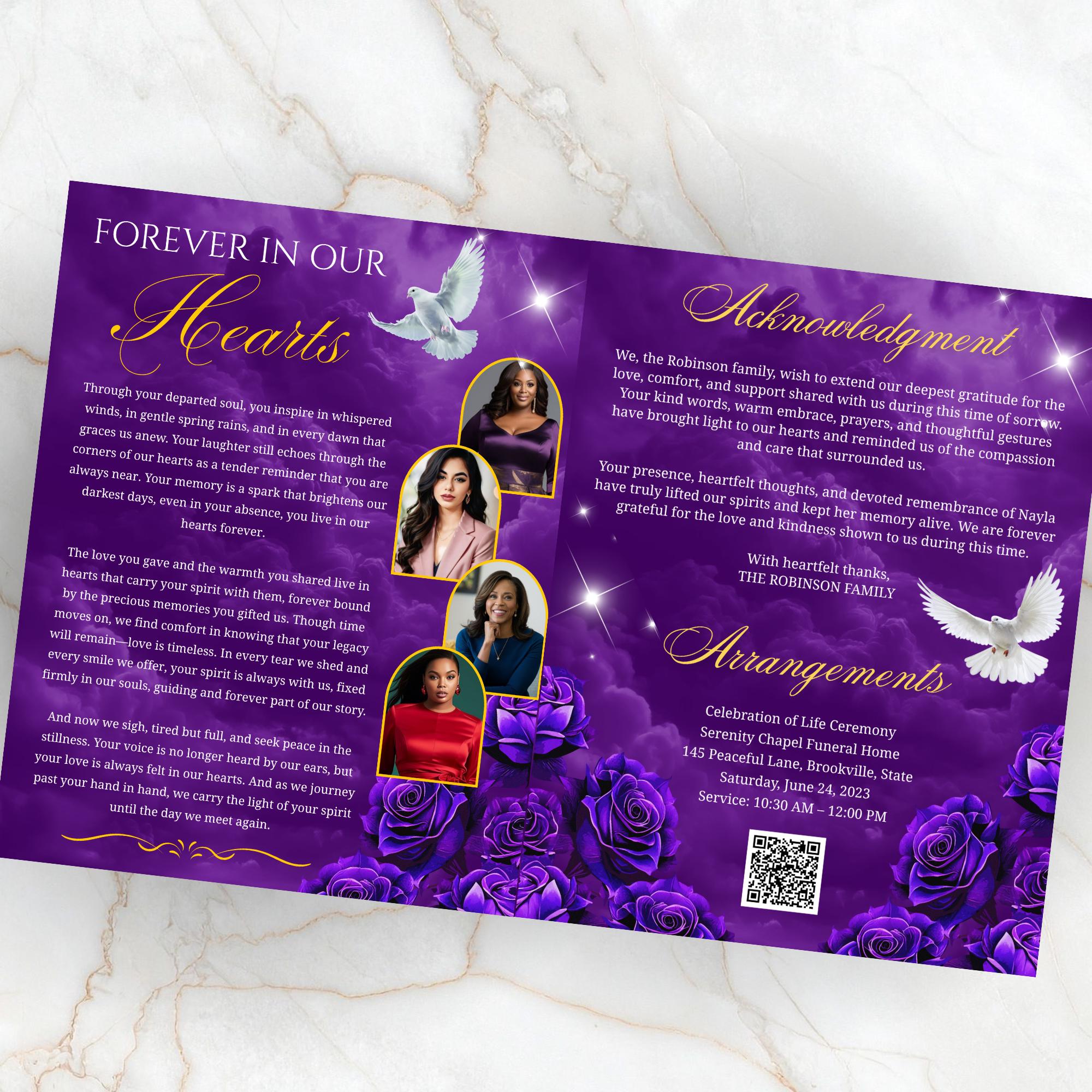 08 Pages Purple Funeral Program Template, Bi-Fold Funeral Program, Obituary Celebration Of Life Program, Digital Download - Editable Memorial Canva Template