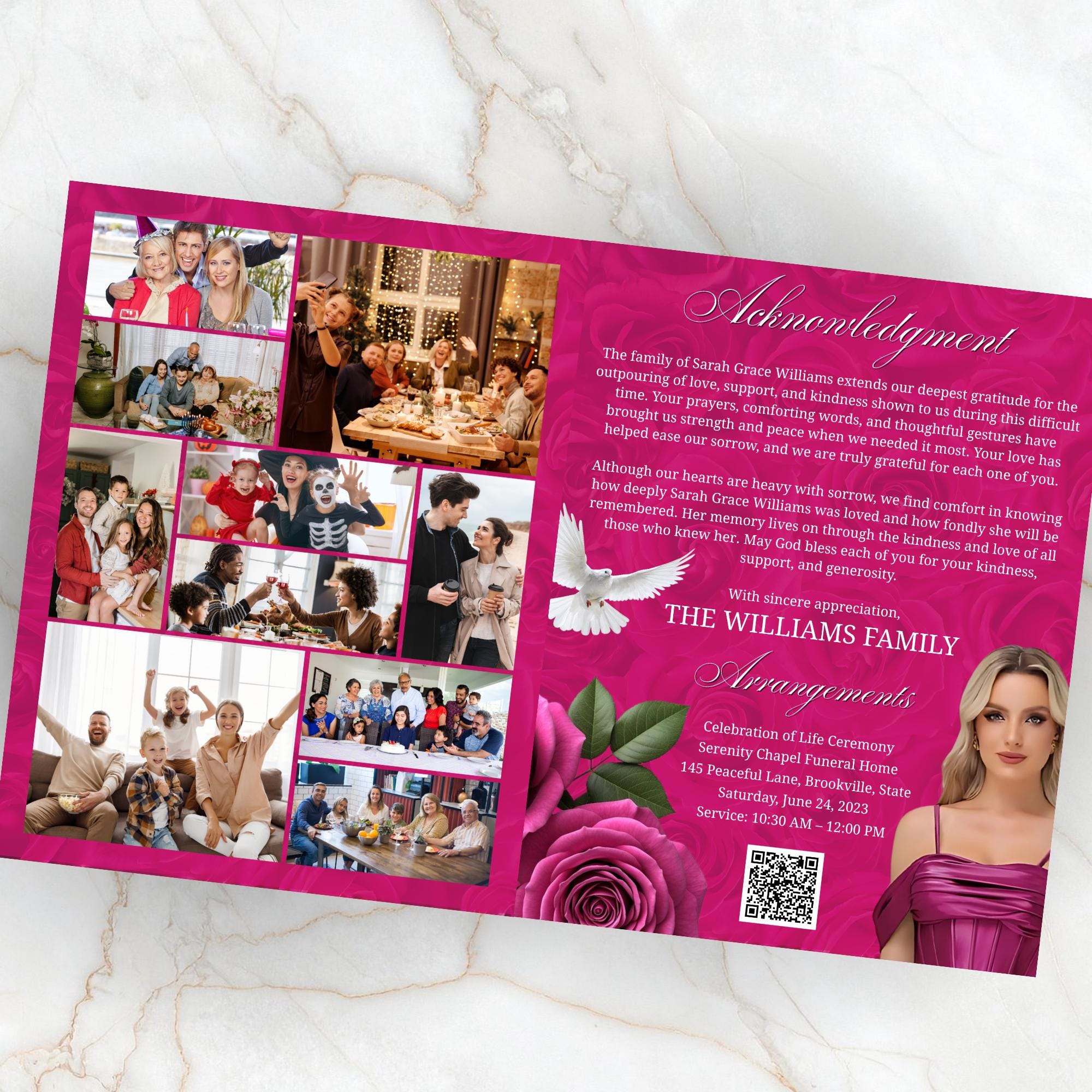 08 Pages Pink Funeral Program Template, Bi-Fold Funeral Program, Obituary Celebration Of Life Program, Digital Download - Editable Memorial Canva Template