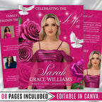 08 Pages Pink Funeral Program Template, Bi-Fold Funeral Program, Obituary Celebration Of Life Program, Digital Download - Editable Memorial Canva Template