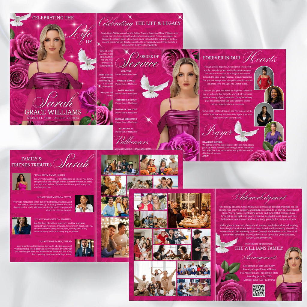 08 Pages Pink Funeral Program Template, Bi-Fold Funeral Program, Obituary Celebration Of Life Program, Digital Download - Editable Memorial Canva Template