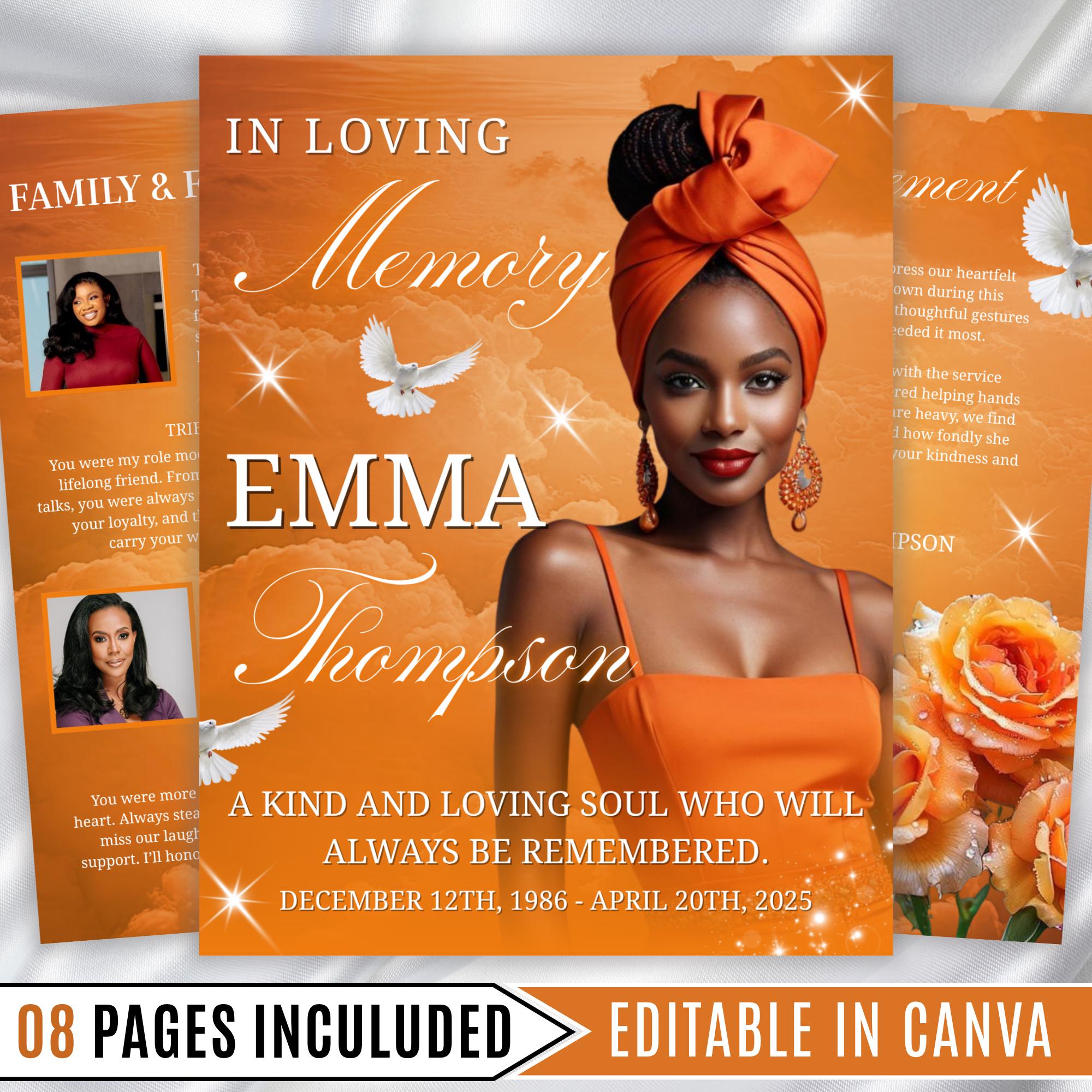 08 Pages Orange Funeral Program Template, Bi-Fold Funeral Program, Obituary Celebration Of Life Program, Digital Download - Editable Memorial Canva Template