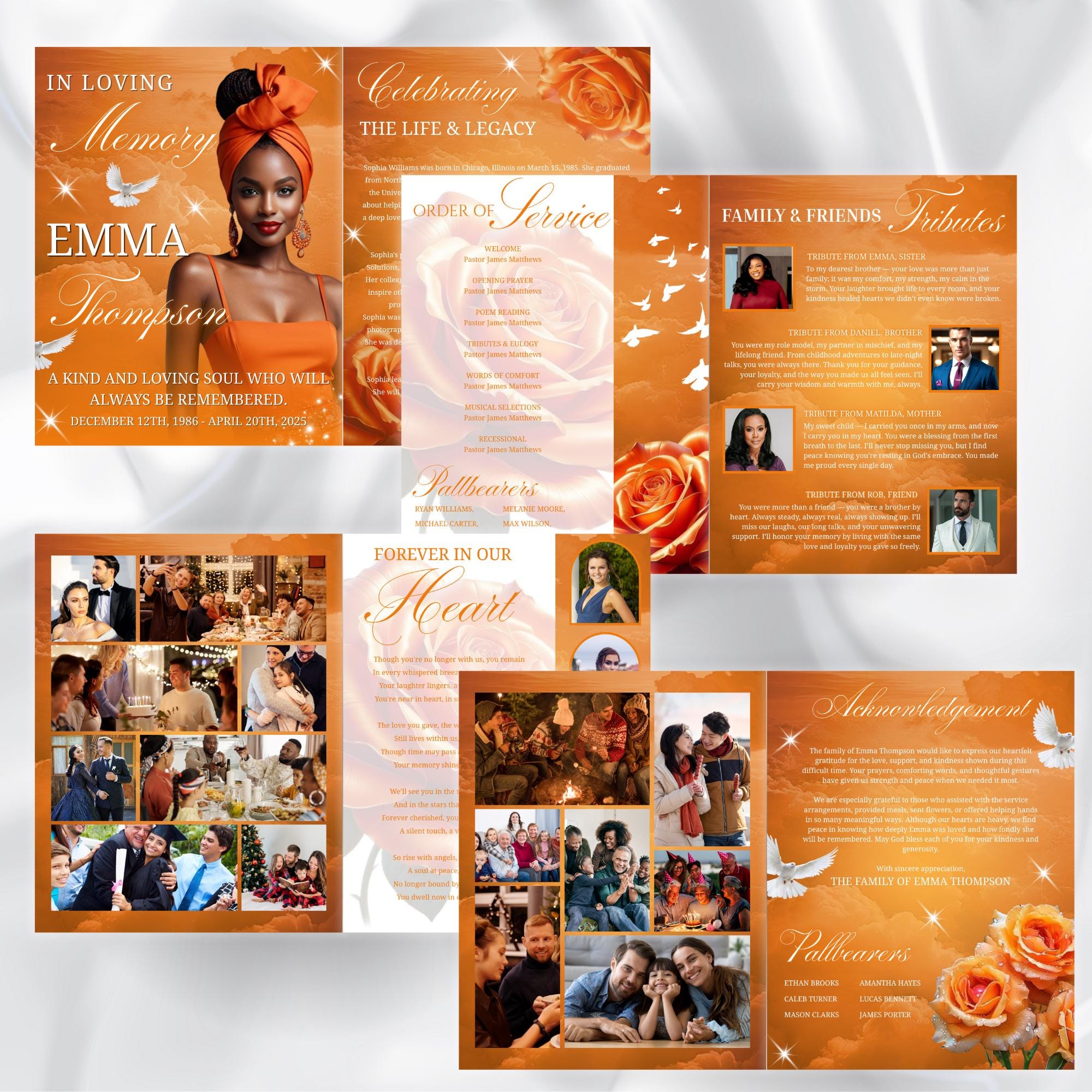 08 Pages Orange Funeral Program Template, Bi-Fold Funeral Program, Obituary Celebration Of Life Program, Digital Download - Editable Memorial Canva Template