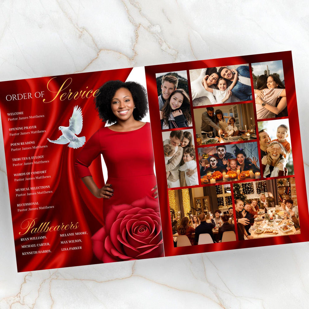 08 Pages Red Funeral Program Template, Bi-Fold Funeral Program, Obituary Celebration Of Life Program, Digital Download - Editable Memorial Canva Template
