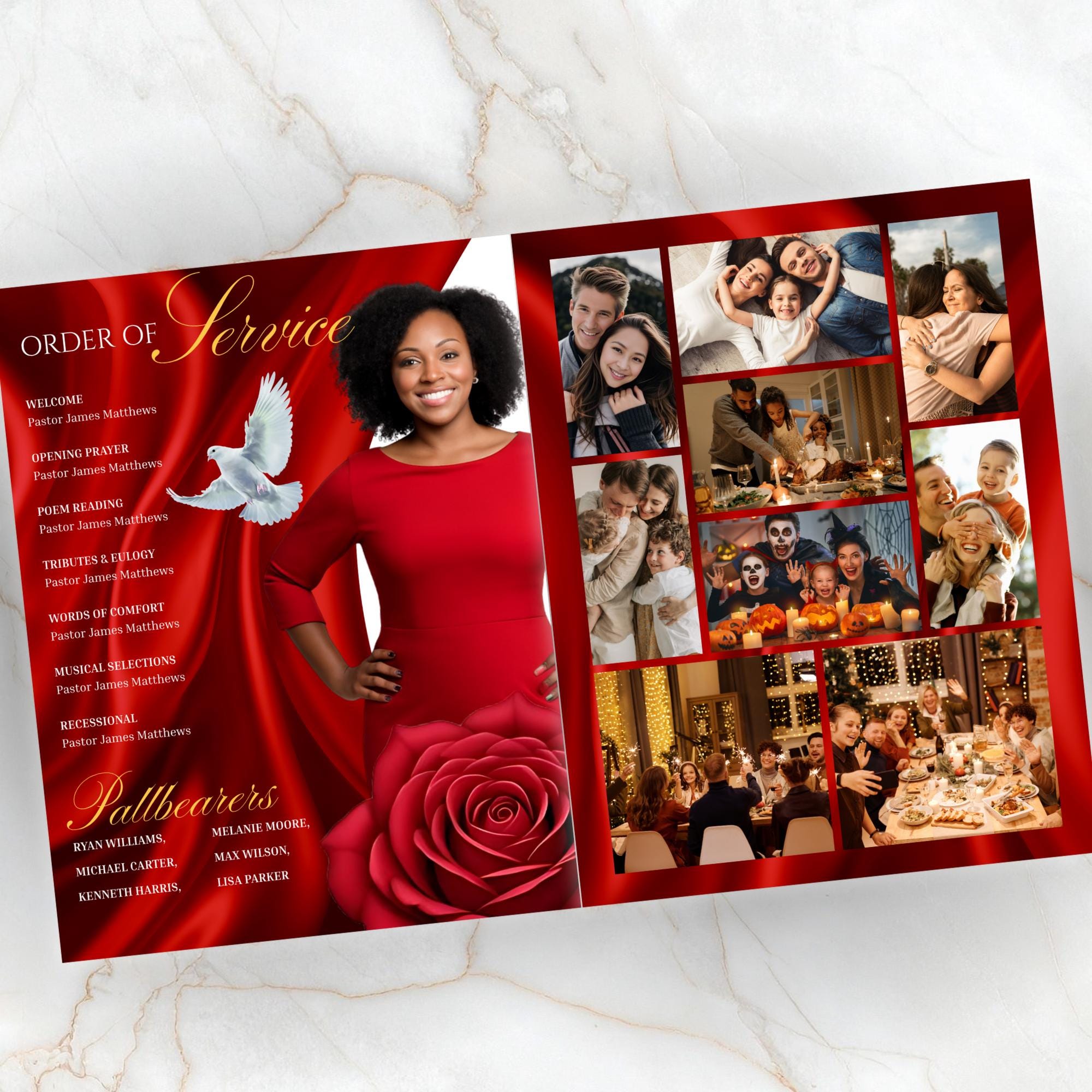 08 Pages Red Funeral Program Template, Bi-Fold Funeral Program, Obituary Celebration Of Life Program, Digital Download - Editable Memorial Canva Template