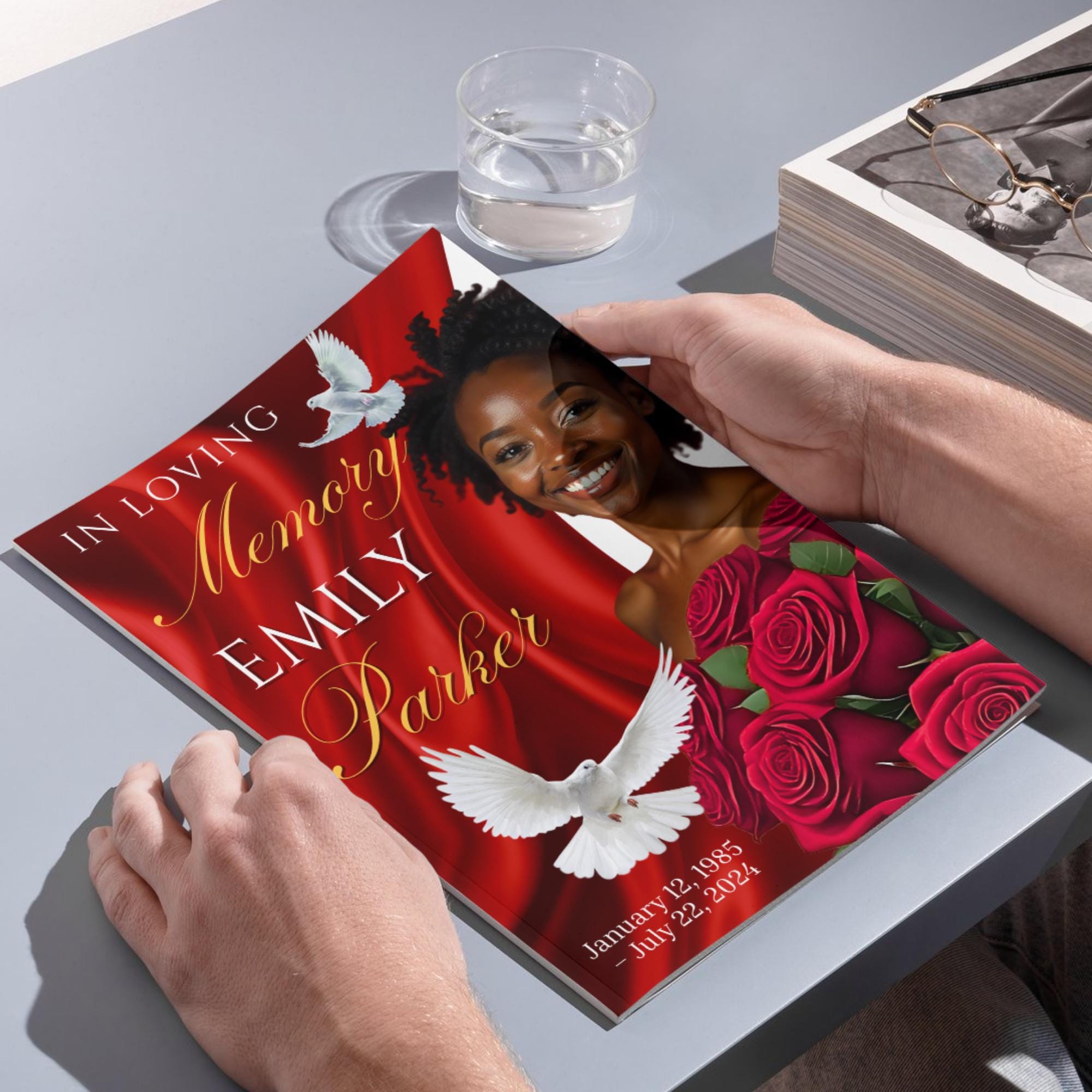 08 Pages Red Funeral Program Template, Bi-Fold Funeral Program, Obituary Celebration Of Life Program, Digital Download - Editable Memorial Canva Template