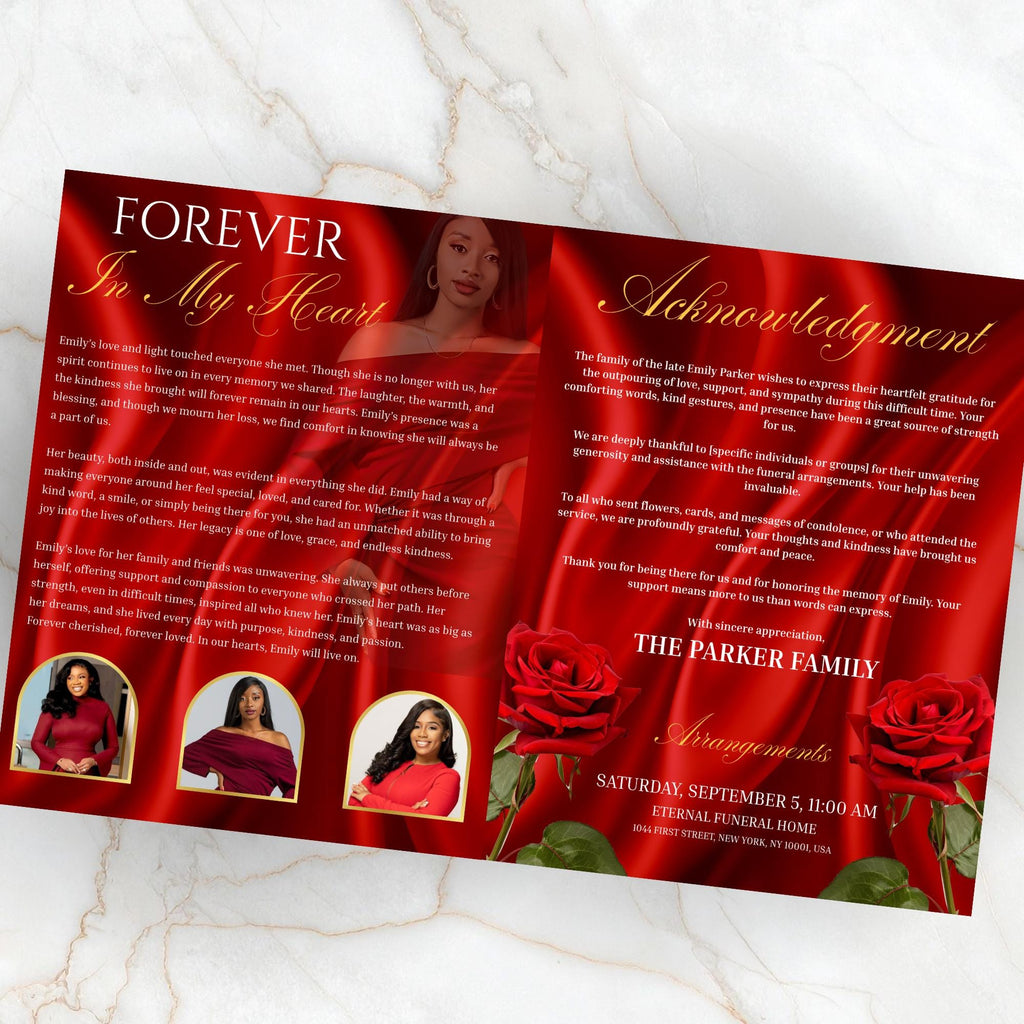 08 Pages Red Funeral Program Template, Bi-Fold Funeral Program, Obituary Celebration Of Life Program, Digital Download - Editable Memorial Canva Template