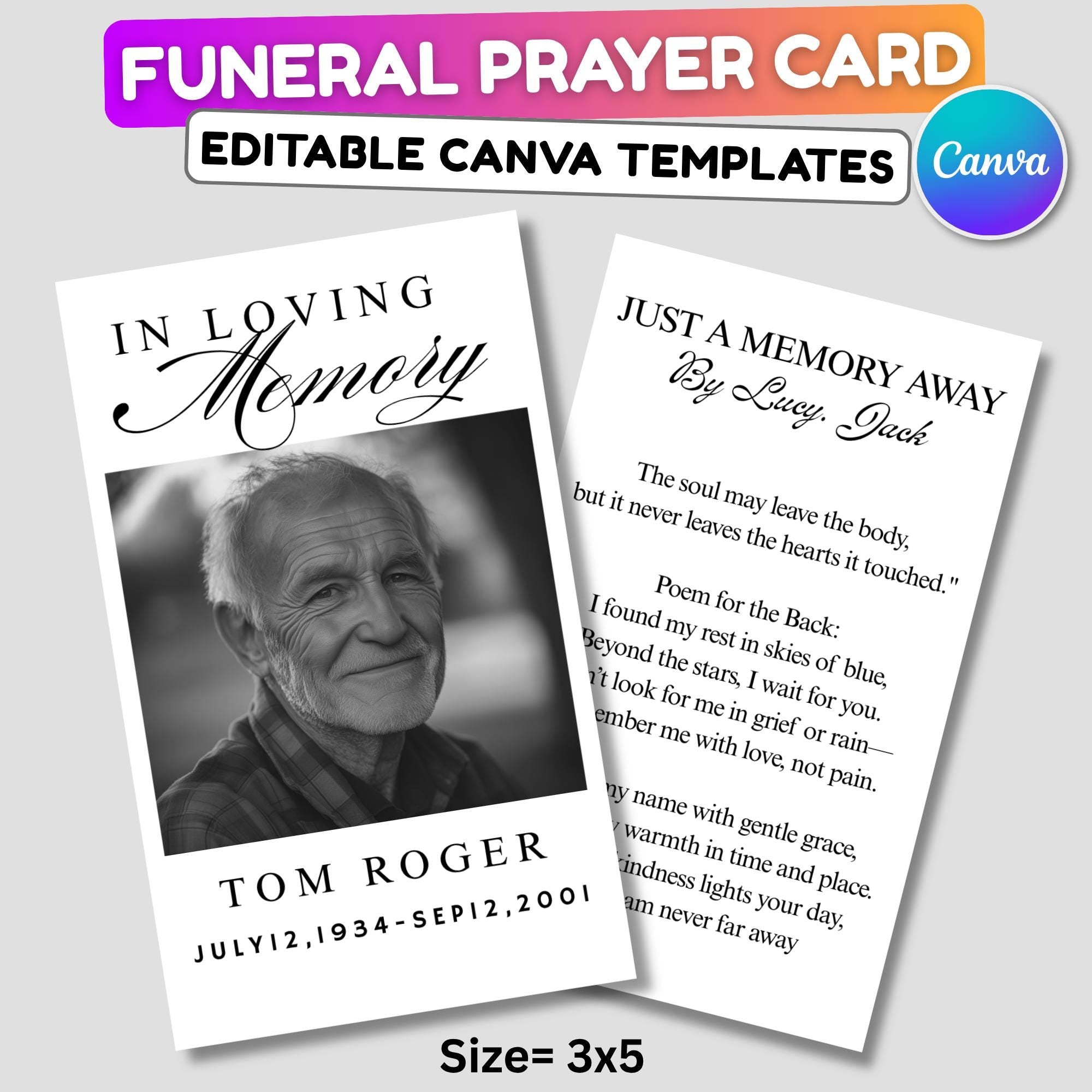 Funeral Prayer Card Canva Editable Template, In Loving Memory Template, Memorial Prayer Card, Printable Funeral Remembrance Card - Editable Memorial Canva Template