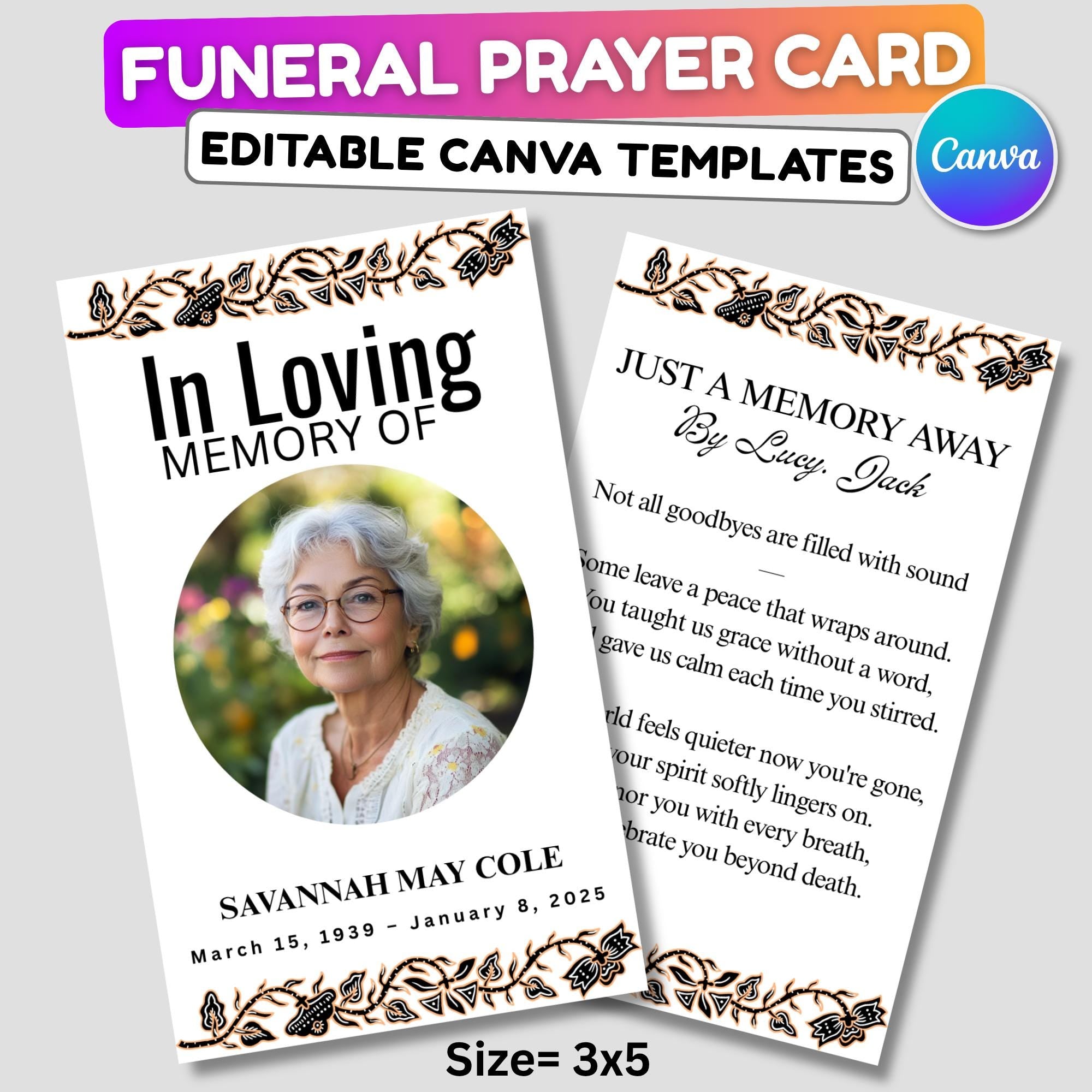In Loving Memory Funeral Card Canva Editable Template, In Loving Memory Template, Memorial Prayer Card - Editable Memorial Canva Template
