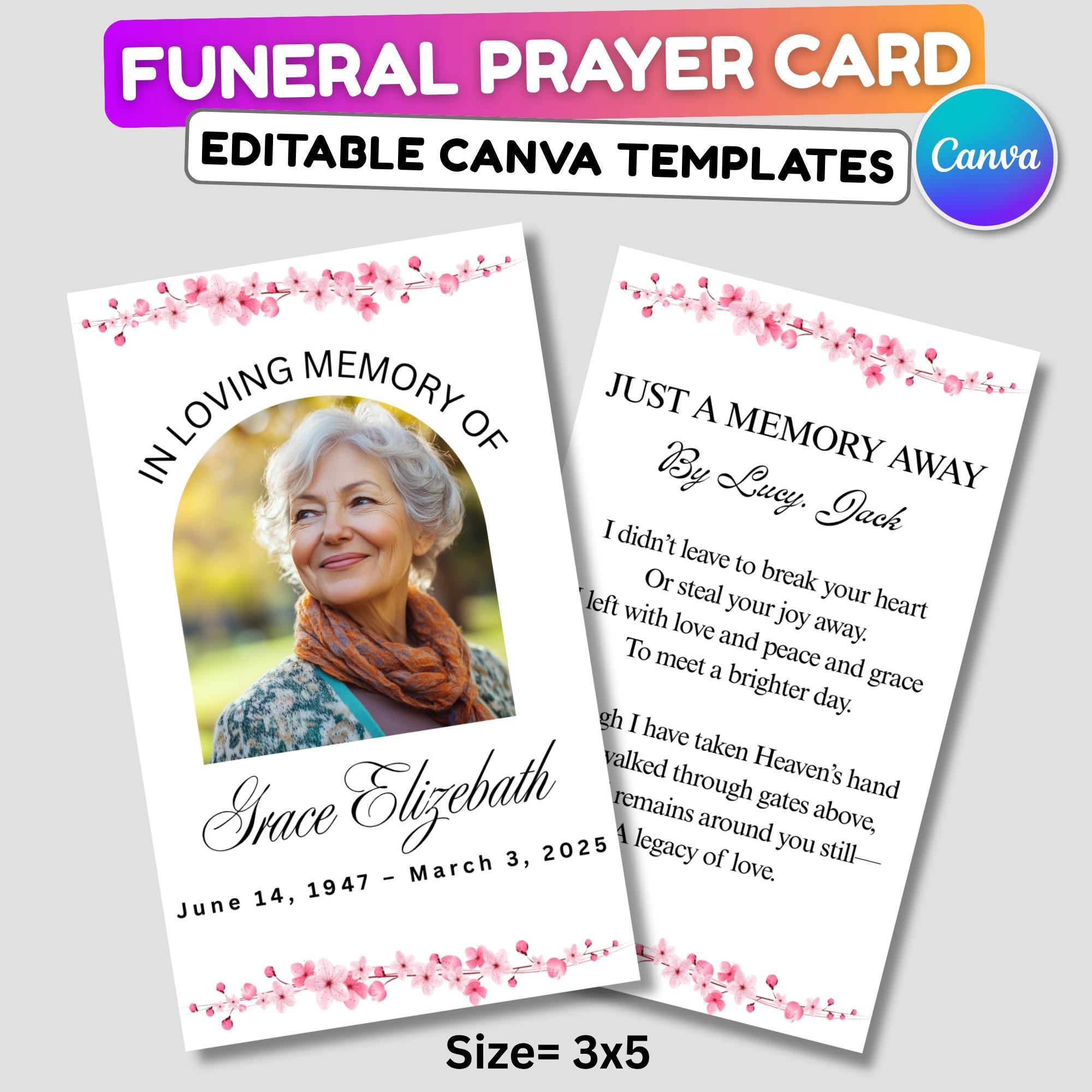 In Loving Memory Funeral Card Canva Editable Template, In Loving Memory Template, Memorial Prayer Card - Editable Memorial Canva Template