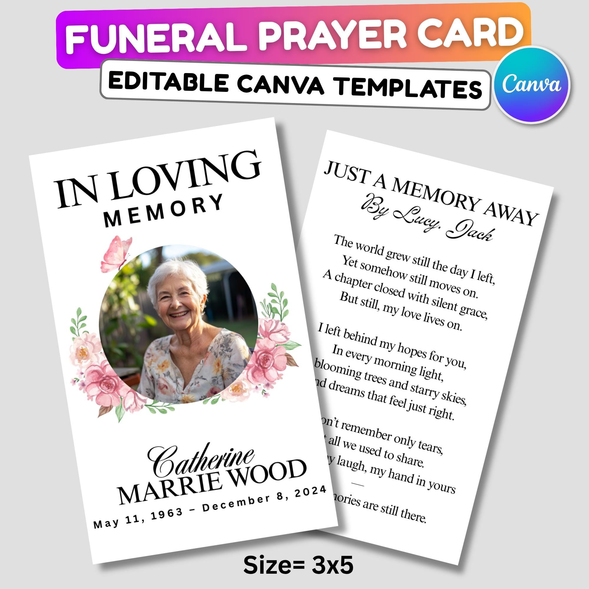 In Loving Memory Funeral Card Canva Editable Template, In Loving Memory Template, Memorial Prayer Card, Digital Download - Editable Memorial Canva Template