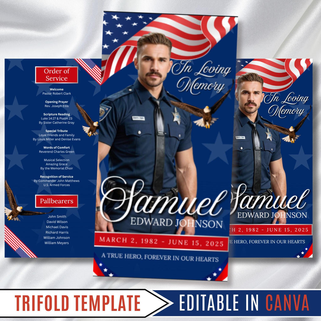 Military Veteran Funeral Program Template, Tri-Fold Funeral Program, Obituary Celebration Of Life Program, Canva Template, Digital Download - Editable Memorial Canva Template