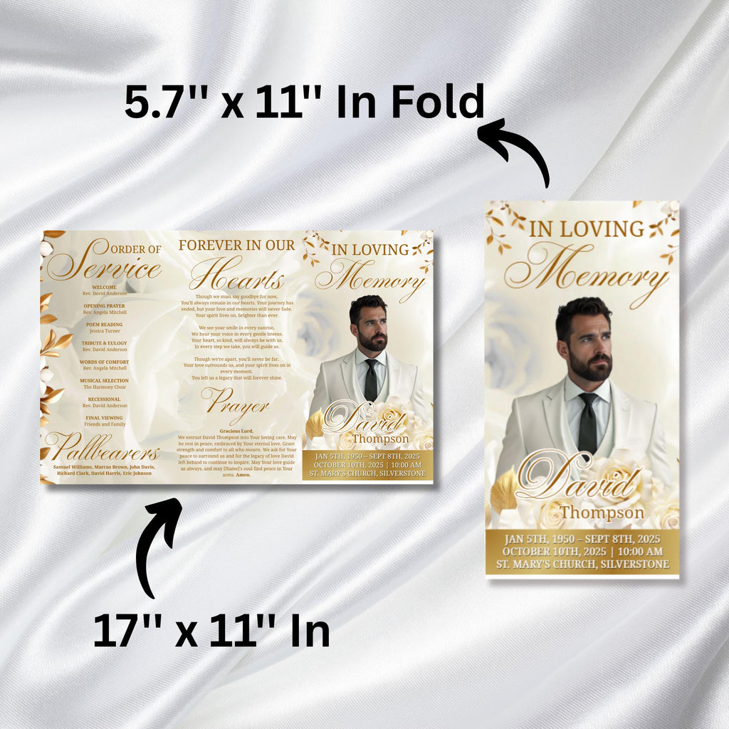 White Funeral Program Editable Template, Tri-Fold Funeral Program, Obituary Celebration Of Life Program, Canva Template, Digital Download - Editable Memorial Canva Template