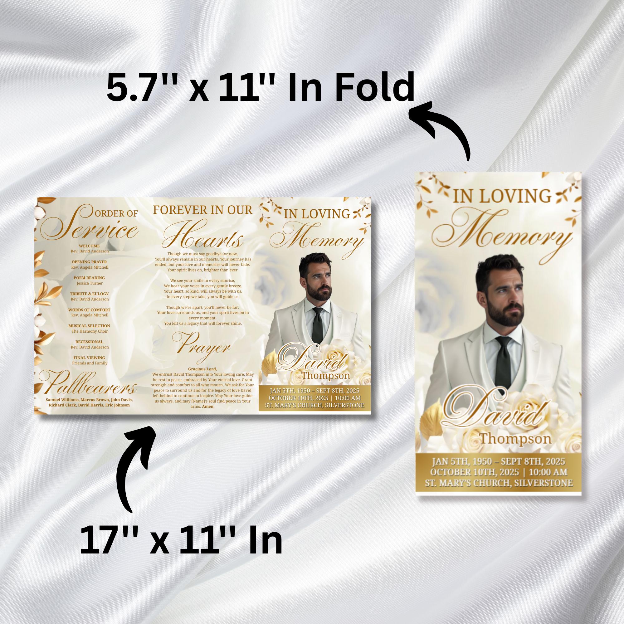 White Funeral Program Editable Template, Tri-Fold Funeral Program, Obituary Celebration Of Life Program, Canva Template, Digital Download - Editable Memorial Canva Template