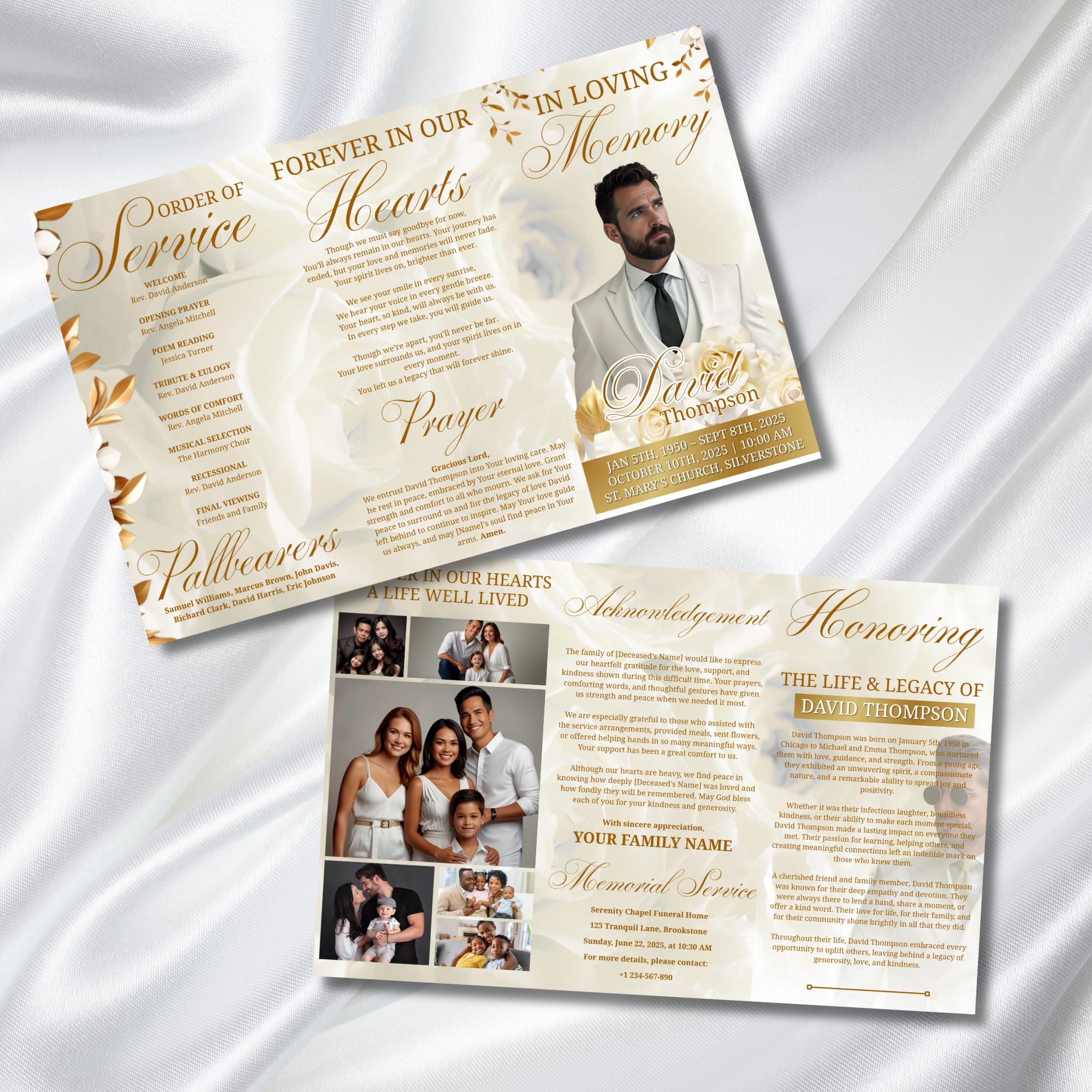 White Funeral Program Editable Template, Tri-Fold Funeral Program, Obituary Celebration Of Life Program, Canva Template, Digital Download - Editable Memorial Canva Template