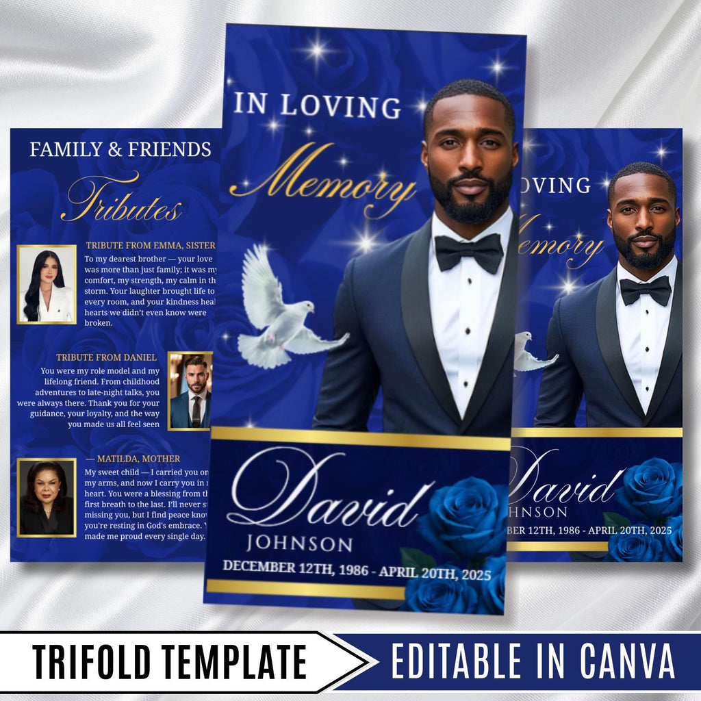 Tri-Fold Elegant Blue & Gold Trifold Funeral Program, Celebration of Life Obituary Program, Memorial Program, In Loving Memory, Editable - Editable Memorial Canva Template