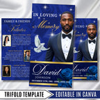 Tri-Fold Elegant Blue & Gold Trifold Funeral Program, Celebration of Life Obituary Program, Memorial Program, In Loving Memory, Editable - Editable Memorial Canva Template