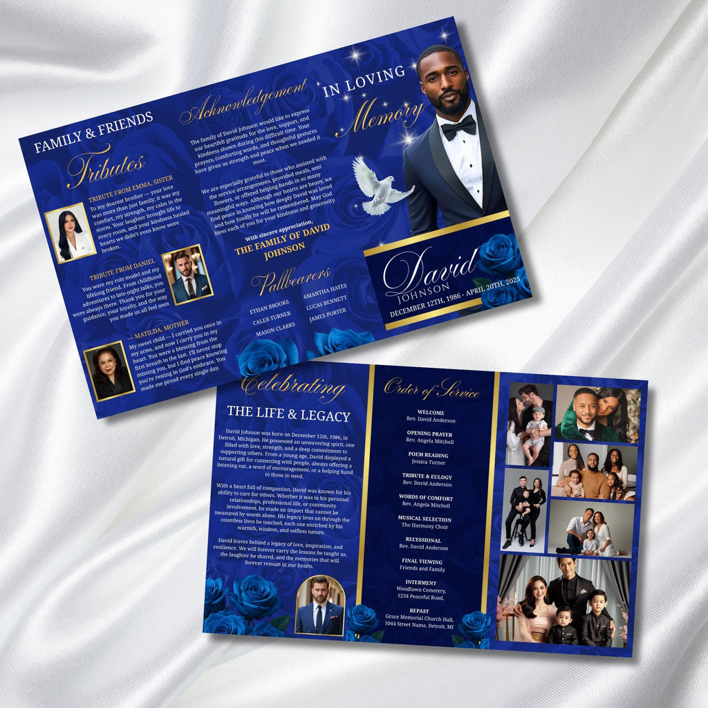Tri-Fold Elegant Blue & Gold Trifold Funeral Program, Celebration of Life Obituary Program, Memorial Program, In Loving Memory, Editable - Editable Memorial Canva Template