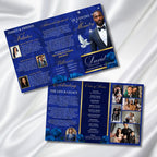 Tri-Fold Elegant Blue & Gold Trifold Funeral Program, Celebration of Life Obituary Program, Memorial Program, In Loving Memory, Editable - Editable Memorial Canva Template