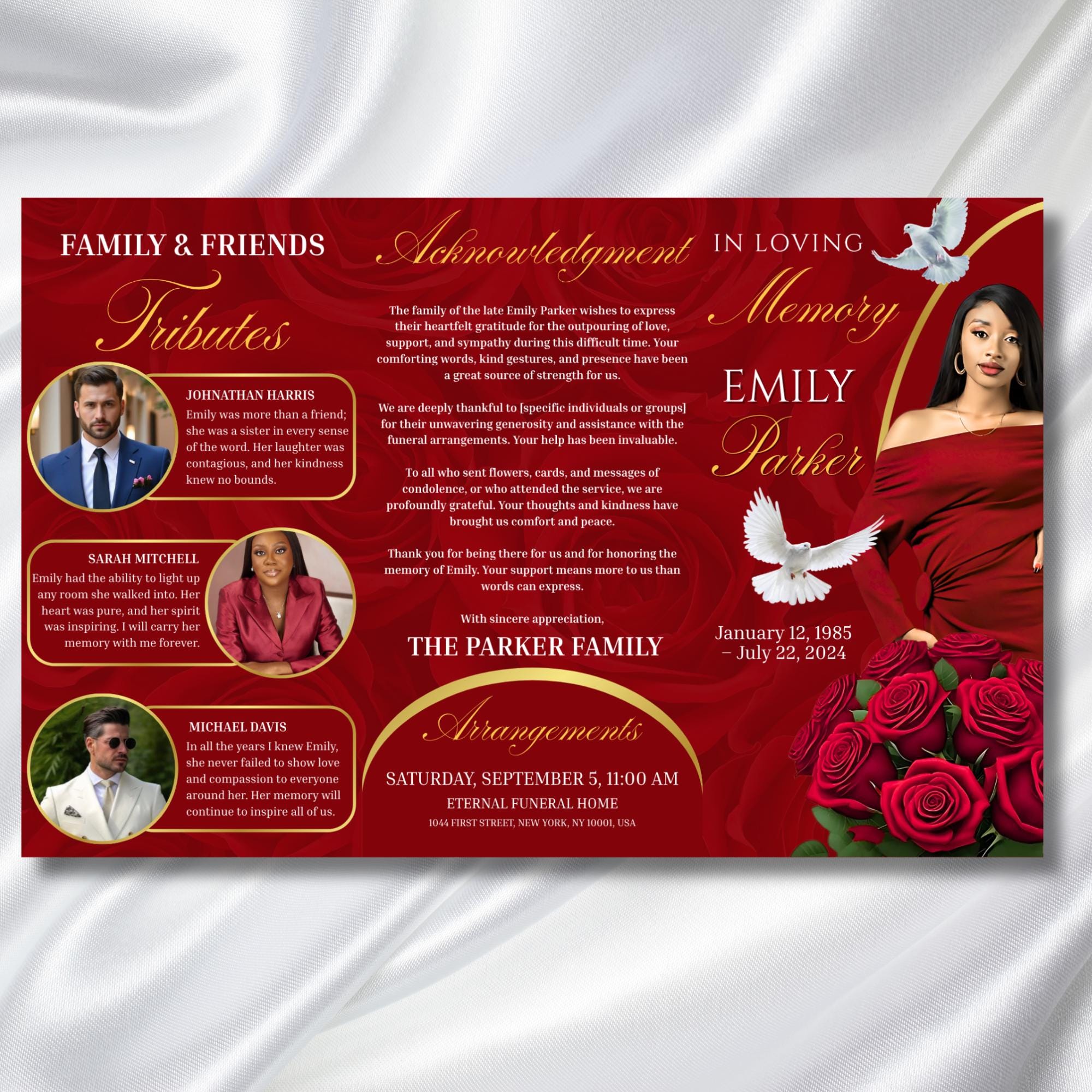 Tri-Fold Red Funeral Program, Celebration of Life Obituary Program, Memorial Program, In Loving Memory, Editable Canva Funeral Templates - Editable Memorial Canva Template