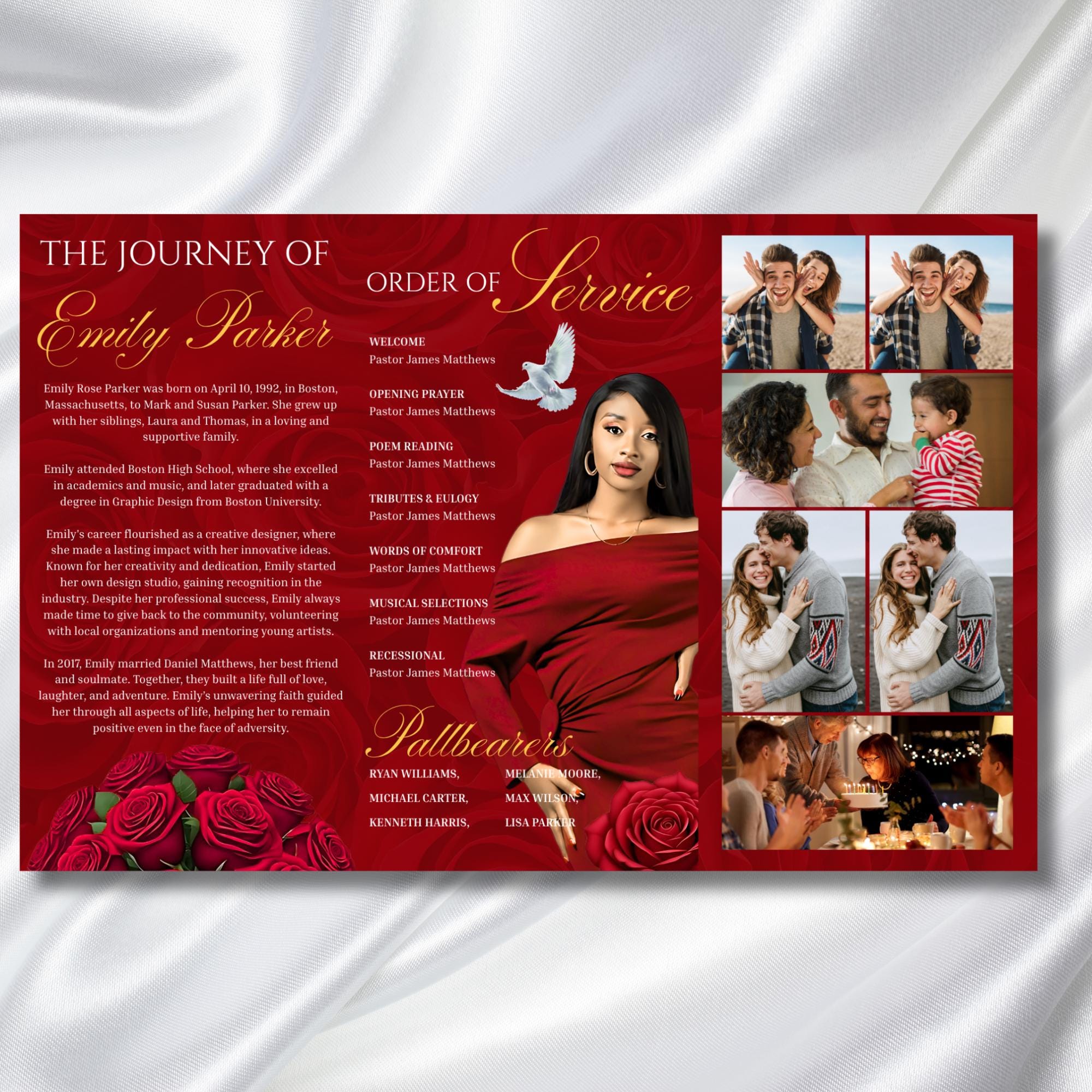 Tri-Fold Red Funeral Program, Celebration of Life Obituary Program, Memorial Program, In Loving Memory, Editable Canva Funeral Templates - Editable Memorial Canva Template