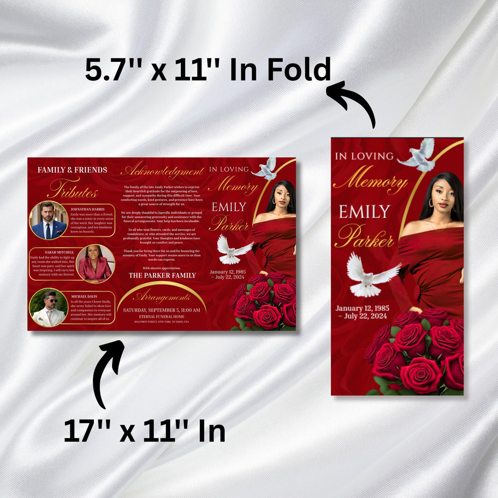 Tri-Fold Red Funeral Program, Celebration of Life Obituary Program, Memorial Program, In Loving Memory, Editable Canva Funeral Templates - Editable Memorial Canva Template