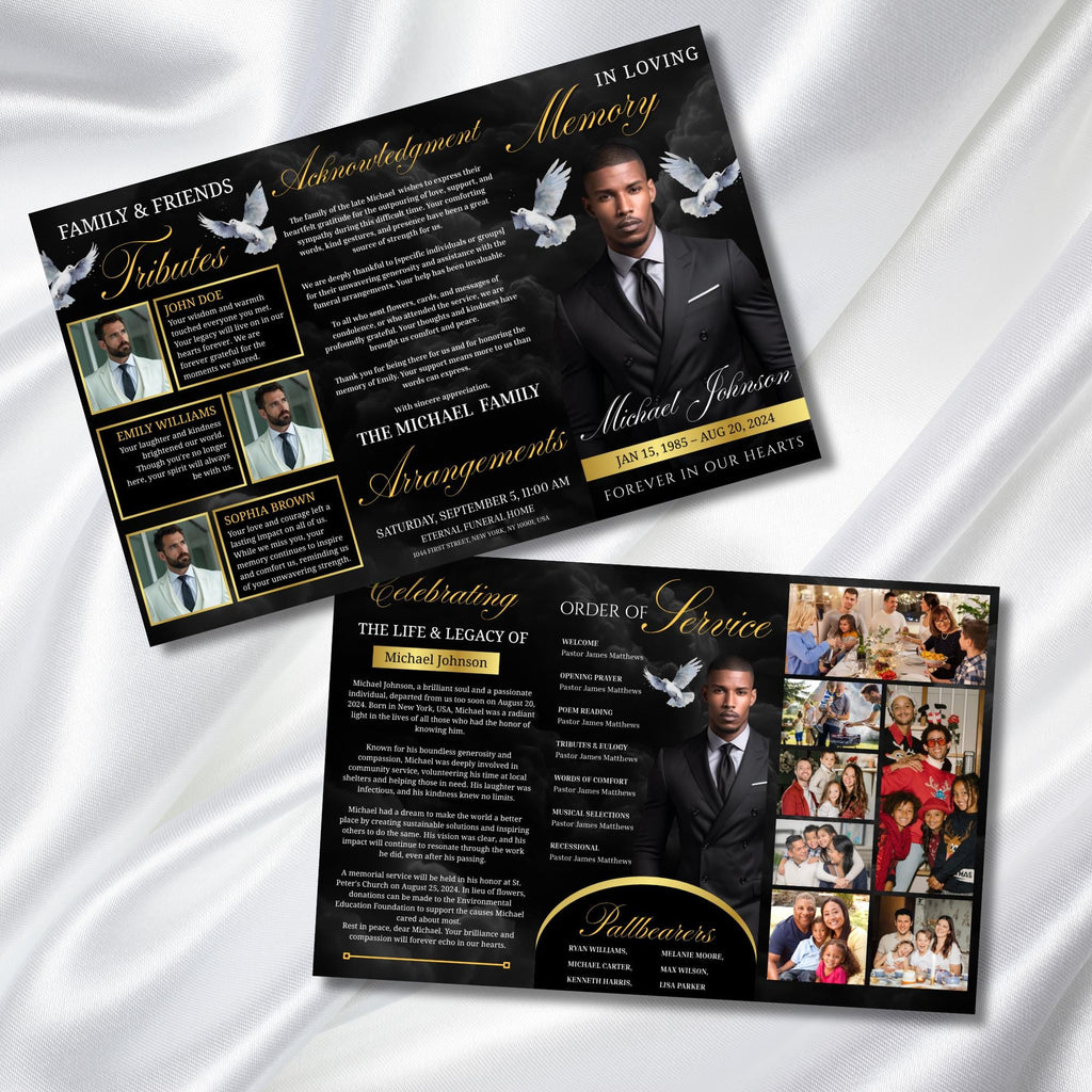 Black & Gold Funeral Program Template, Tri-Fold(17x11) Funeral Program, Obituary Celebration Of Life Program, In Loving Memory Templates - Editable Memorial Canva Template