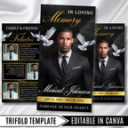 Black & Gold Funeral Program Template, Tri-Fold(17x11) Funeral Program, Obituary Celebration Of Life Program, In Loving Memory Templates - Editable Memorial Canva Template