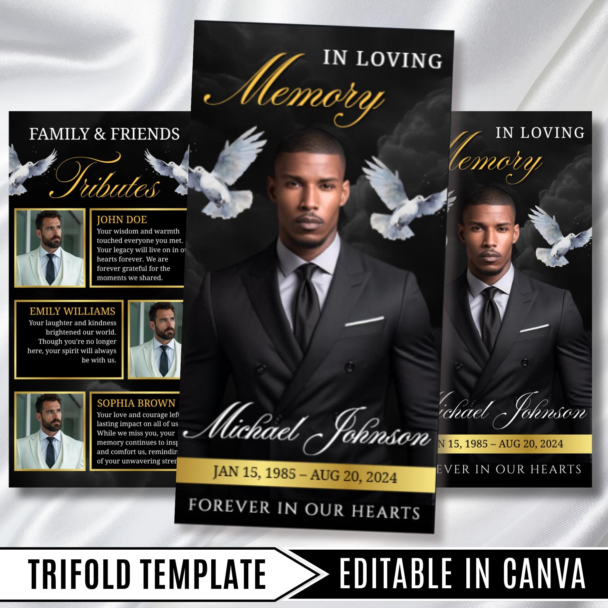 Black & Gold Funeral Program Template, Tri-Fold(17x11) Funeral Program, Obituary Celebration Of Life Program, In Loving Memory Templates - Editable Memorial Canva Template