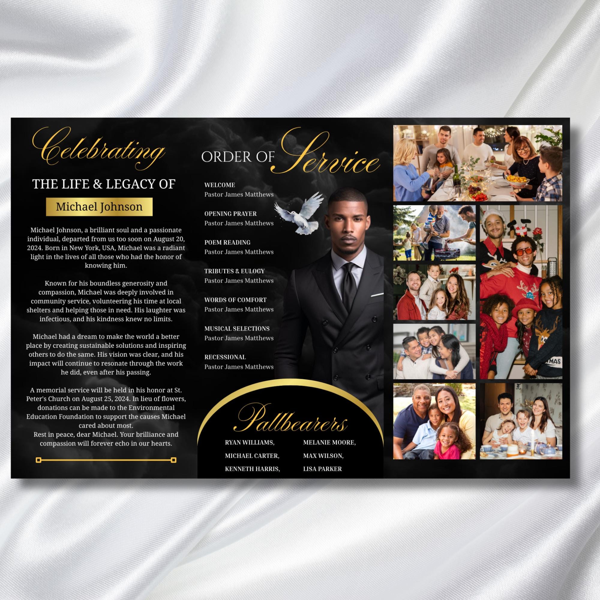 Black & Gold Funeral Program Template, Tri-Fold(17x11) Funeral Program, Obituary Celebration Of Life Program, In Loving Memory Templates - Editable Memorial Canva Template