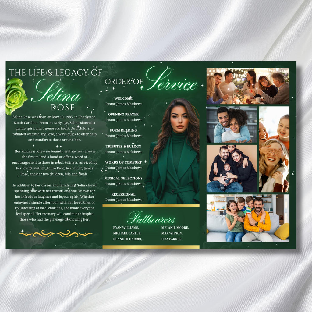 Green & Gold Funeral Program Template, Tri-Fold(17x11) Funeral Program, Obituary Celebration Of Life Program, In Loving Memory Templates - Editable Memorial Canva Template