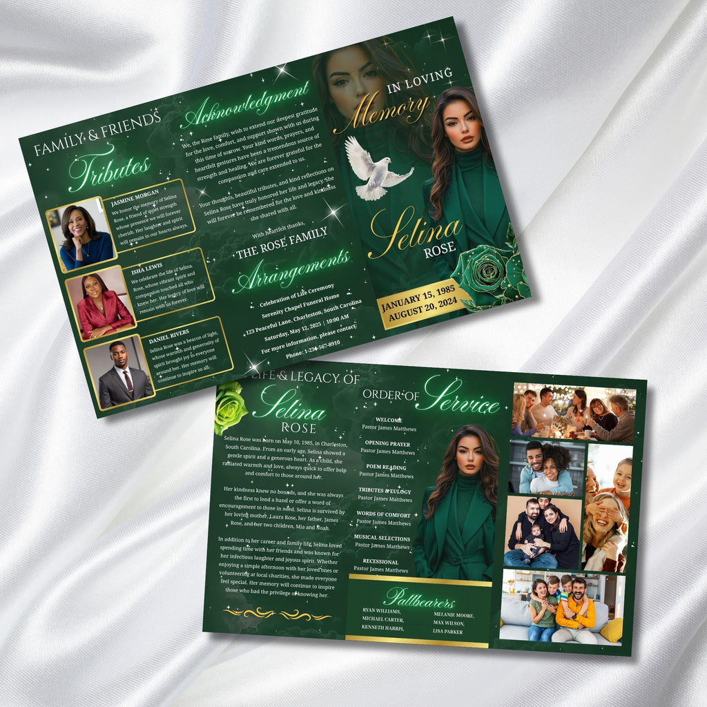 Green & Gold Funeral Program Template, Tri-Fold(17x11) Funeral Program, Obituary Celebration Of Life Program, In Loving Memory Templates - Editable Memorial Canva Template