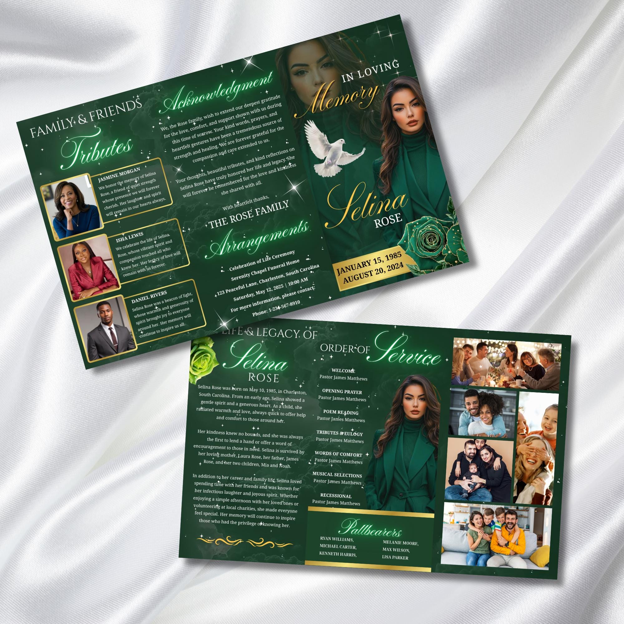 Green & Gold Funeral Program Template, Tri-Fold(17x11) Funeral Program, Obituary Celebration Of Life Program, In Loving Memory Templates - Editable Memorial Canva Template
