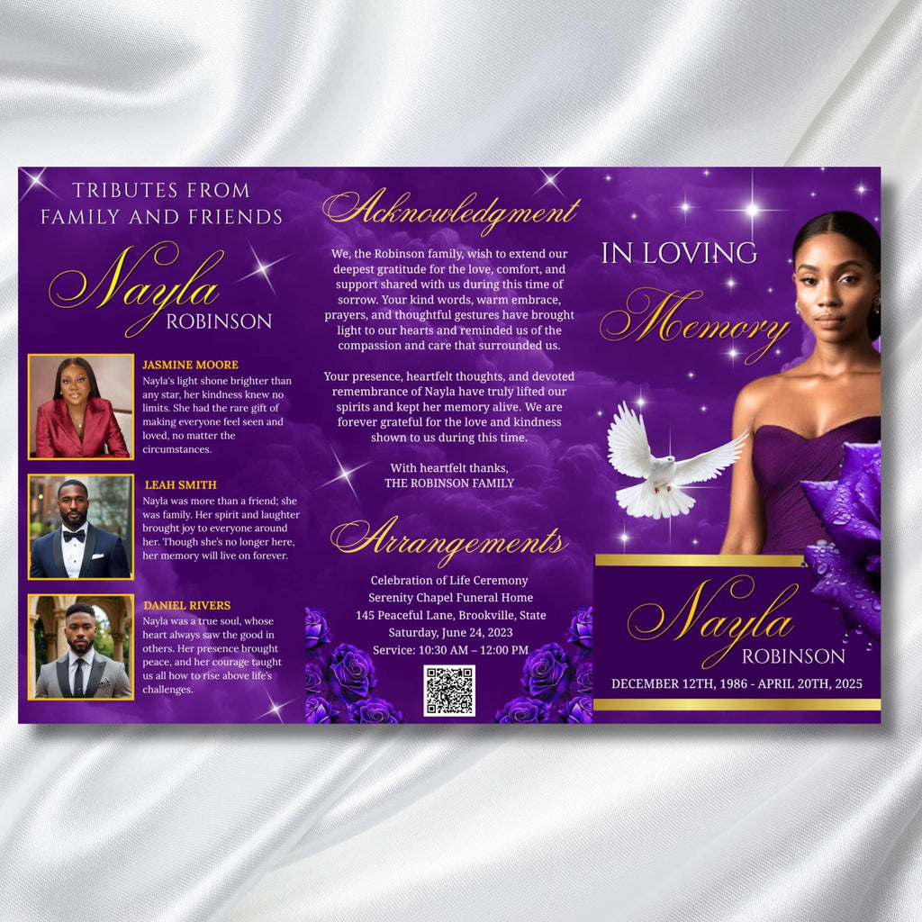 Purple & Gold Funeral Program Template, Tri-Fold(17x11) Funeral Program, Obituary Celebration Of Life Program, In Loving Memory Templates - Editable Memorial Canva Template