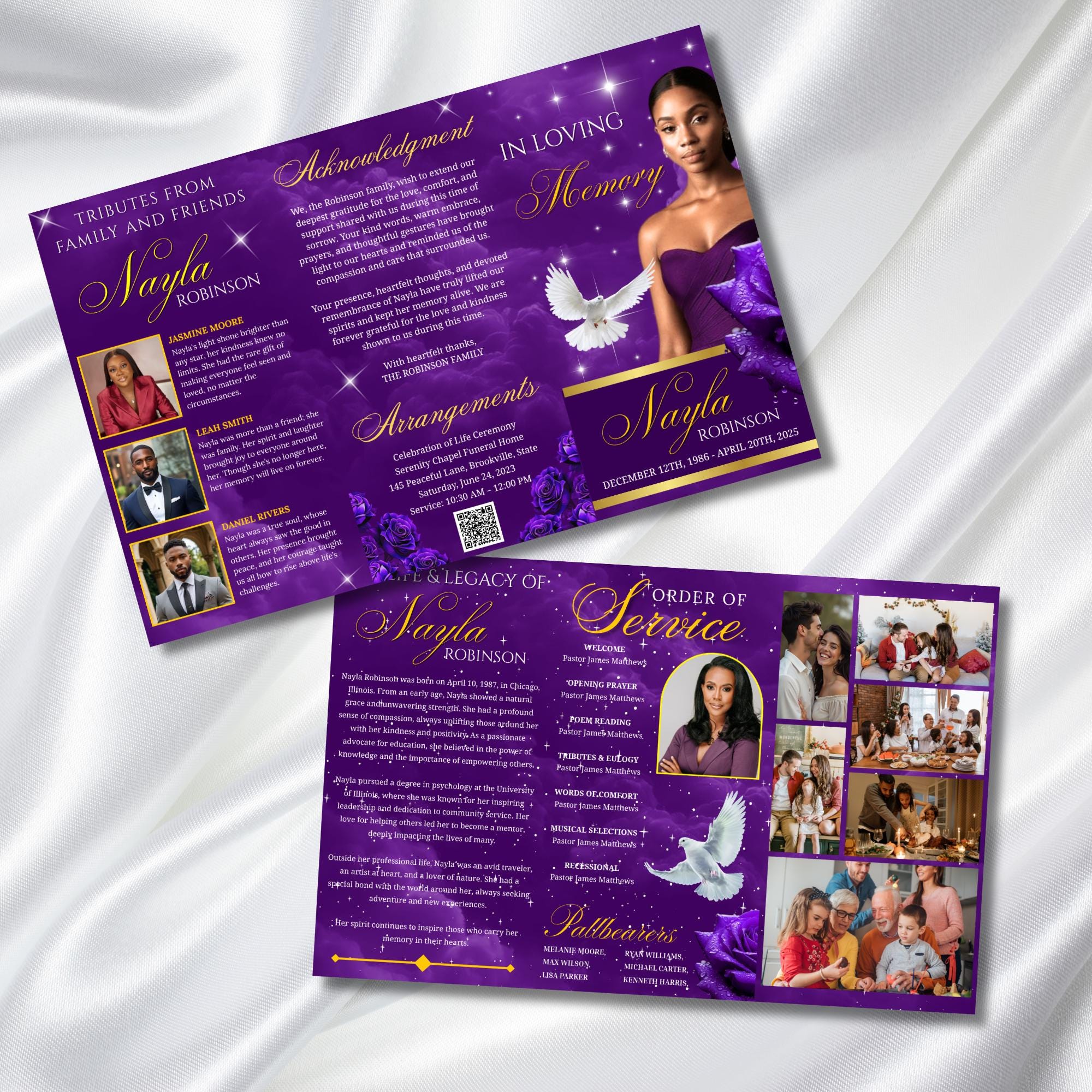 Purple & Gold Funeral Program Template, Tri-Fold(17x11) Funeral Program, Obituary Celebration Of Life Program, In Loving Memory Templates - Editable Memorial Canva Template