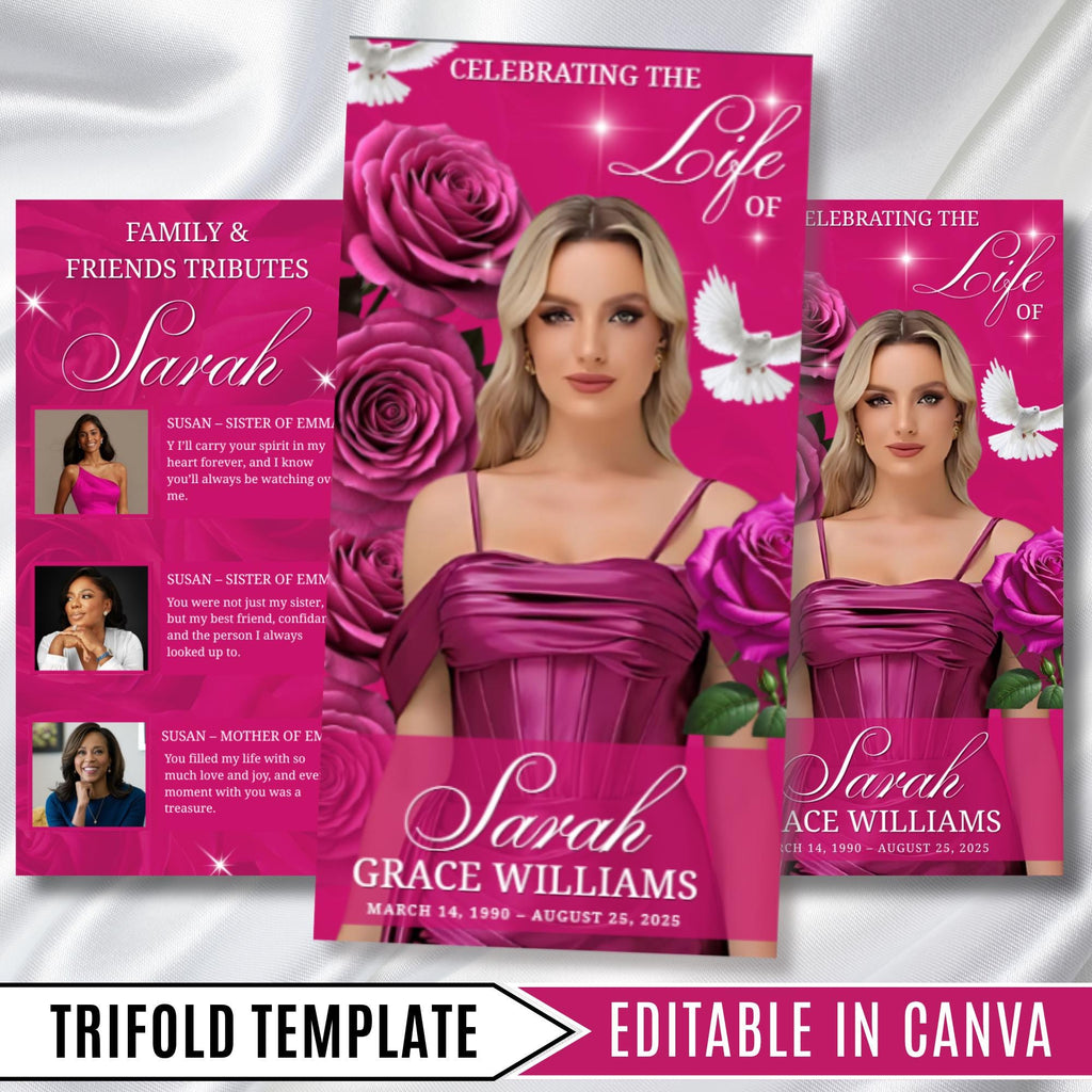Pink Funeral Program Editable Template, Tri-Fold(17x11) Funeral Program, Obituary Celebration Of Life Program, In Loving Memory Templates - Editable Memorial Canva Template