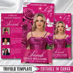 Pink Funeral Program Editable Template, Tri-Fold(17x11) Funeral Program, Obituary Celebration Of Life Program, In Loving Memory Templates - Editable Memorial Canva Template