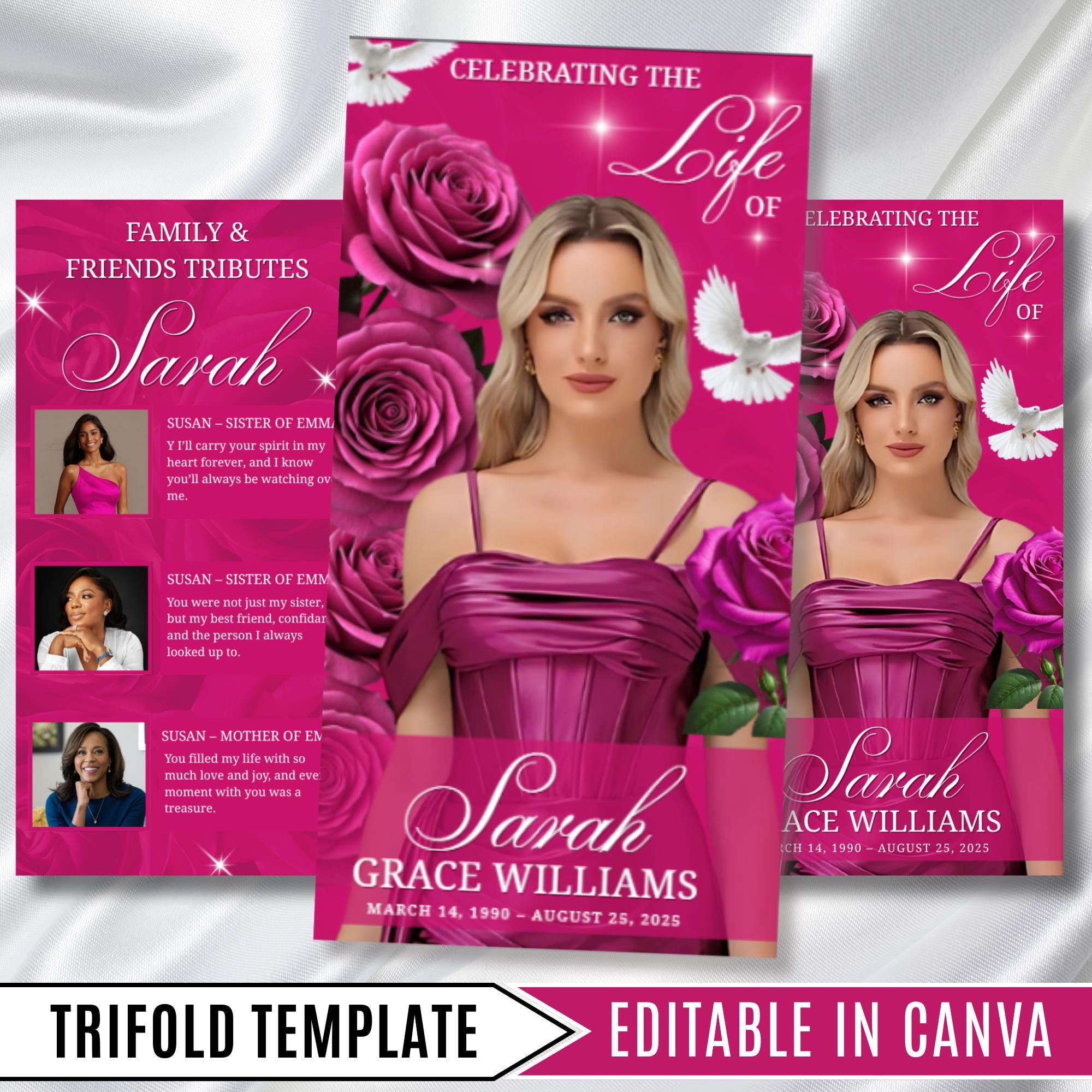 Pink Funeral Program Editable Template, Tri-Fold(17x11) Funeral Program, Obituary Celebration Of Life Program, In Loving Memory Templates - Editable Memorial Canva Template