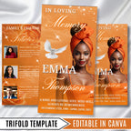 Orange Funeral Program Editable Template, Tri-Fold(17x11) Funeral Program, Obituary Celebration Of Life Program, In Loving Memory Templates - Editable Memorial Canva Template