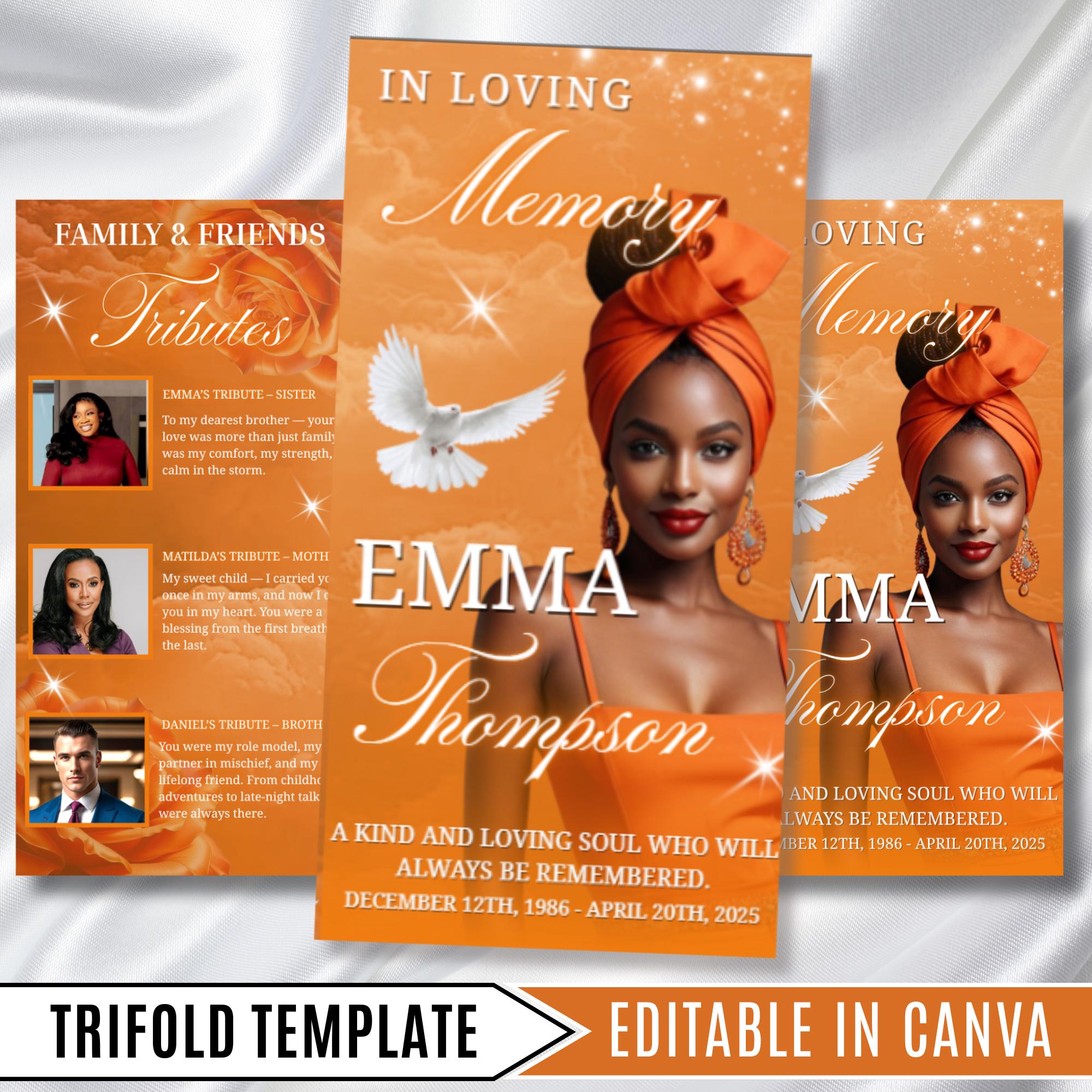 Orange Funeral Program Editable Template, Tri-Fold(17x11) Funeral Program, Obituary Celebration Of Life Program, In Loving Memory Templates - Editable Memorial Canva Template