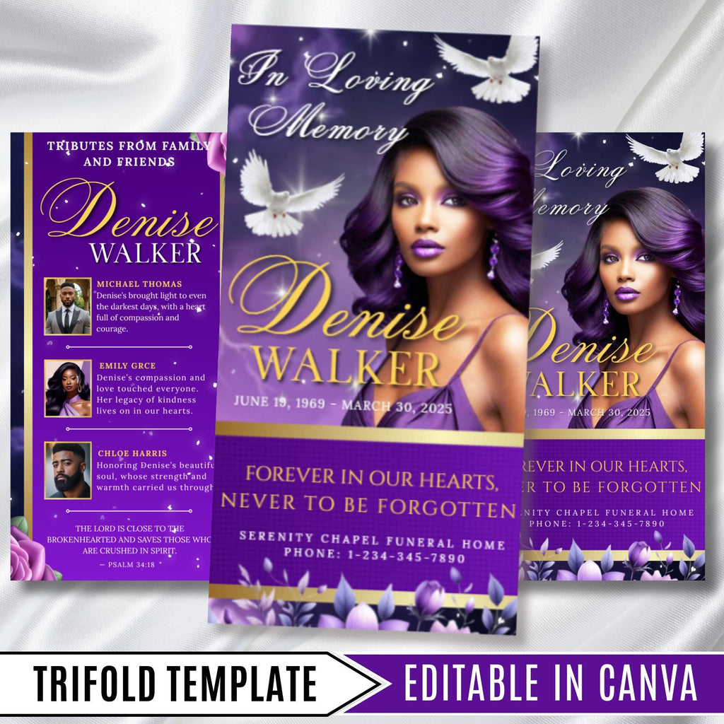 Blue & Gold Funeral Program Template, Tri-Fold(17x11) Funeral Program, Obituary Celebration Of Life Program, In Loving Memory Templates - Editable Memorial Canva Template