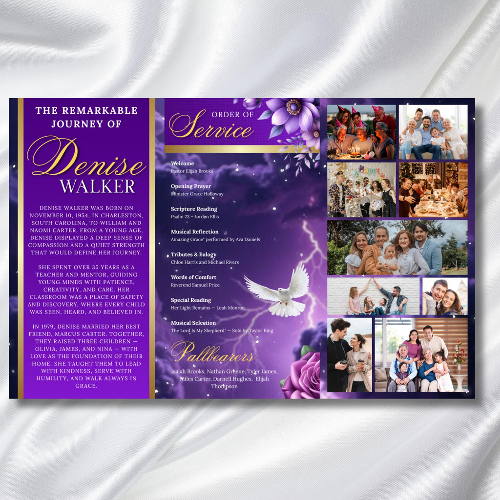 Blue & Gold Funeral Program Template, Tri-Fold(17x11) Funeral Program, Obituary Celebration Of Life Program, In Loving Memory Templates - Editable Memorial Canva Template