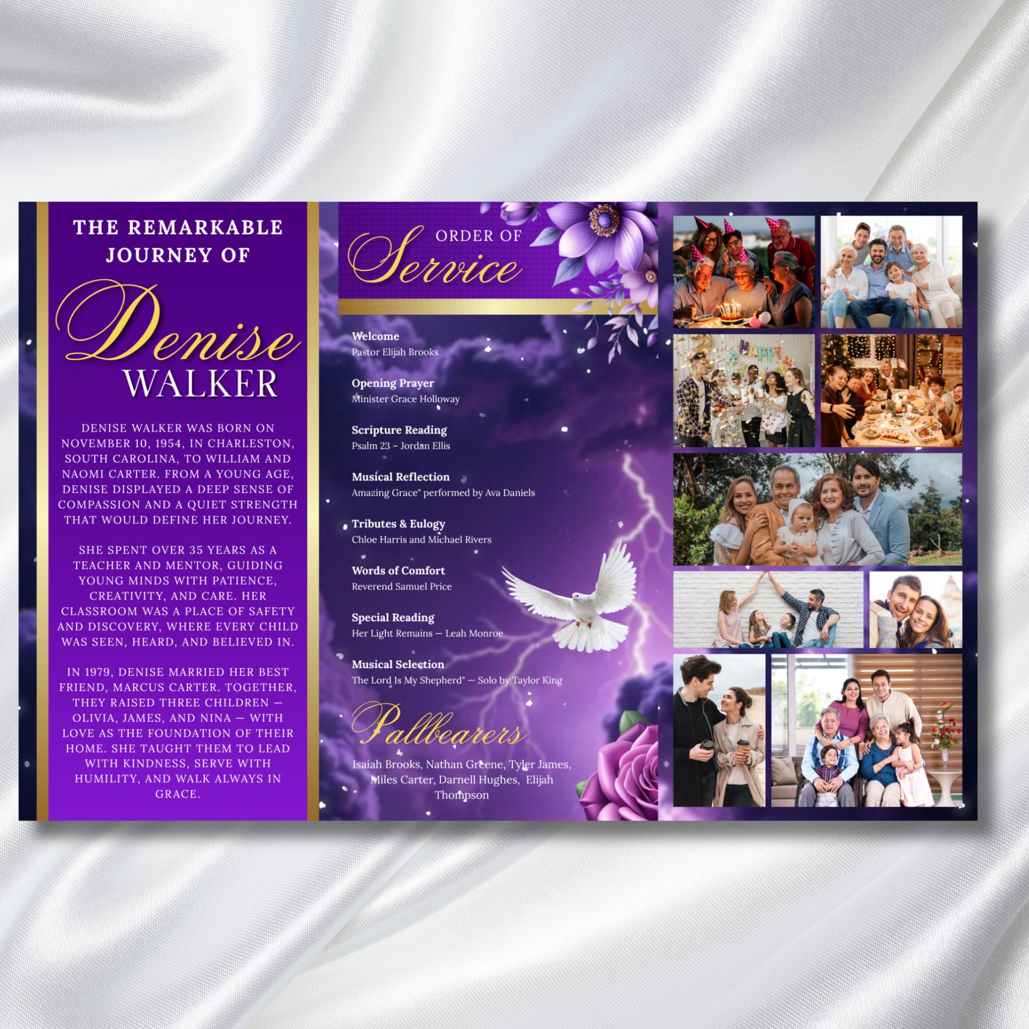 Blue & Gold Funeral Program Template, Tri-Fold(17x11) Funeral Program, Obituary Celebration Of Life Program, In Loving Memory Templates - Editable Memorial Canva Template