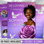 08 Pages Purple Funeral Program Template, Bi-Fold Funeral Program, Obituary Celebration Of Life Program, Digital Download - Editable Memorial Canva Template